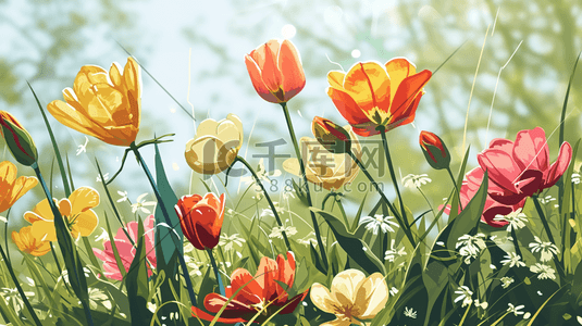 彩色春季自然盛开的花朵插画22