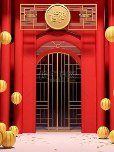 中国建筑新年大红色背景插画图片