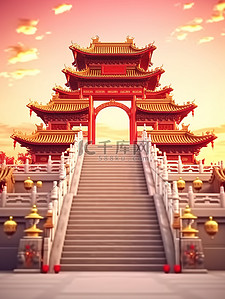 楼梯中国建筑年货海报插画设计
