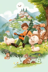 男孩放羊春天吉他手绘插画海报