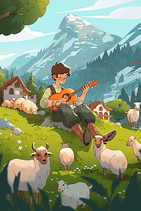 春天男孩放羊吉他手绘海报插画
