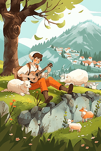 春天手绘男孩放羊吉他插画海报