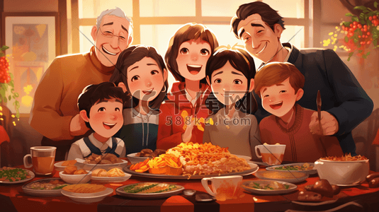 手绘幸福一家人插画图片_手绘中国一家人聚会团圆饭插画15