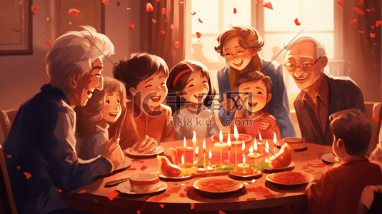 手绘幸福一家人插画图片_手绘中国一家人聚会团圆饭插画6