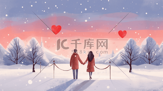 牵手的爱心插画图片_冬季浪漫男女一起牵手的插画18