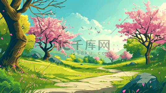 春季粉色花朵插画图片_春季粉色盛开的花朵大树风景插画17