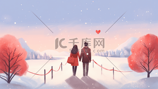 冬季浪漫男女一起牵手的插画15