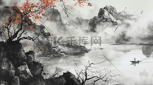 中国风手绘国画晕染山水插画1