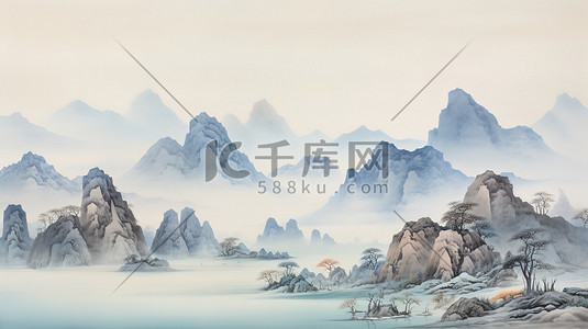 空灵优雅中国风山水画插画素材