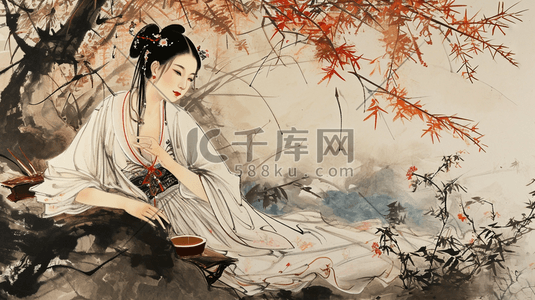 古典书法艺术字插画图片_中国风古典艺术美女插画14