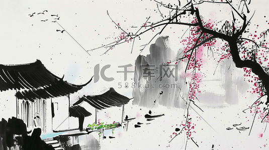 春季水墨画插画图片_中国风水墨意境古典建筑风景插画30