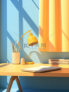 浅蓝色和黄色书桌插画设计