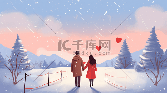 冬季浪漫男女一起牵手的插画12