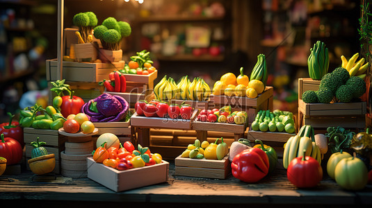 水果矢量插画图片_各种水果和蔬菜的市场矢量插画