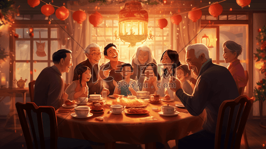 手绘幸福一家人插画图片_手绘中国一家人聚会团圆饭插画19