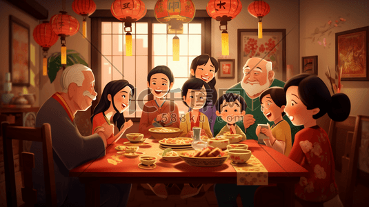 手绘中国一家人聚会团圆饭插画5