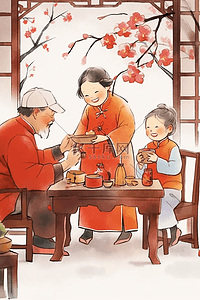 板凳插画图片_家人团聚古典手绘插画海报新年