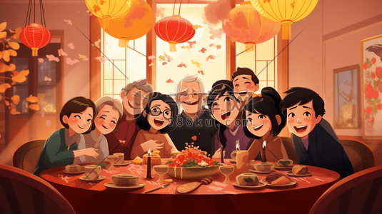 手绘幸福一家人插画图片_手绘中国一家人聚会团圆饭插画8