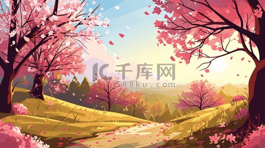 春季粉色花朵插画图片_春季粉色盛开的花朵大树风景插画16