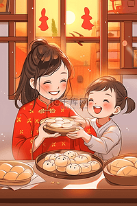 母子俩包饺子手绘插画新年海报