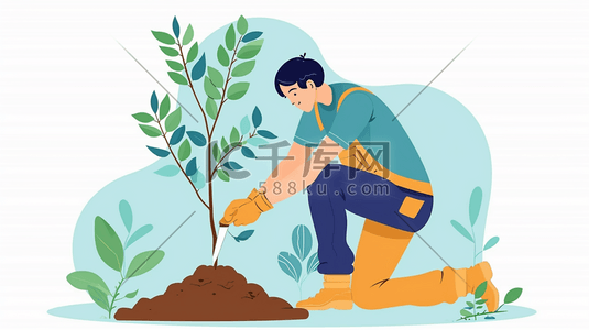 蓝色的数字6插画图片_扁平化男子种树植树的插画6