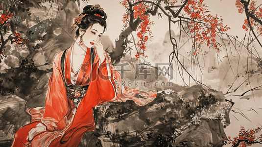 中国风花朵树枝插画图片_中国风古典艺术美女插画9