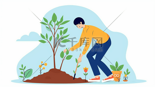 颜色小花插画图片_扁平化男子种树植树的插画8