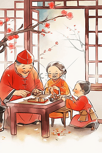 家人团聚古典新年手绘插画海报