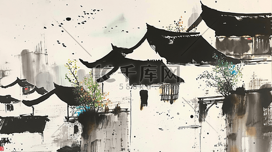 中国风水墨意境古典建筑风景插画23
