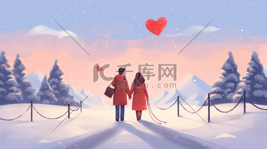 冬季浪漫男女一起牵手的插画8