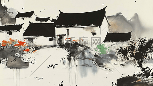 春季水墨画插画图片_中国风水墨意境古典建筑风景插画11