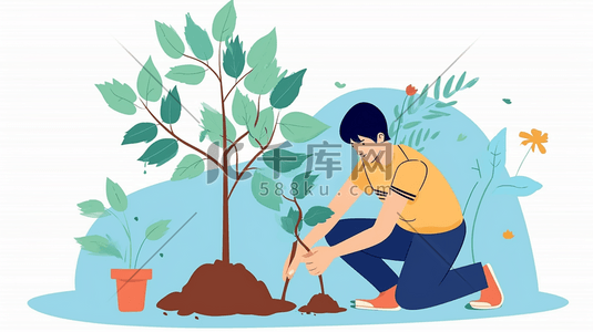 颜色小花插画图片_扁平化男子种树植树的插画10