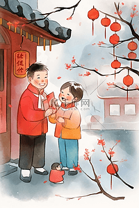 蓝色的裤子插画图片_新年庭院外拜年手绘插画海报