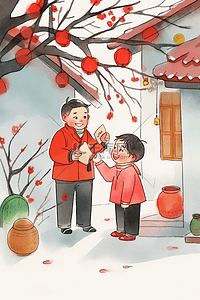 红色海报简约插画图片_手绘新年庭院外拜年插画海报