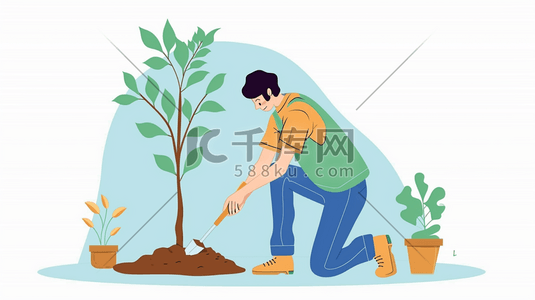 颜色小花插画图片_扁平化男子种树植树的插画1