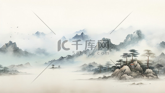 国风云雾插画图片_空灵优雅中国风山水画插画