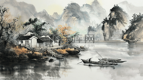 中国风手绘国画晕染山水插画23