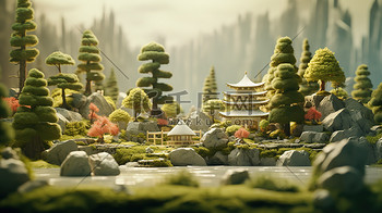 山水插画素材图片素材中式山水亭子假山微观场景插画素材