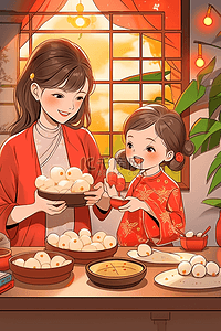 卡通背景装饰插画图片_母子俩包饺子新年手绘插画海报