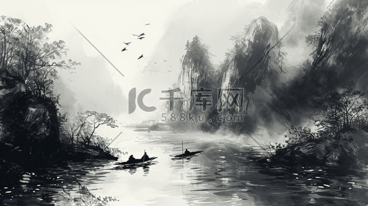 中国风手绘山水插画图片_中国风手绘国画晕染山水插画12