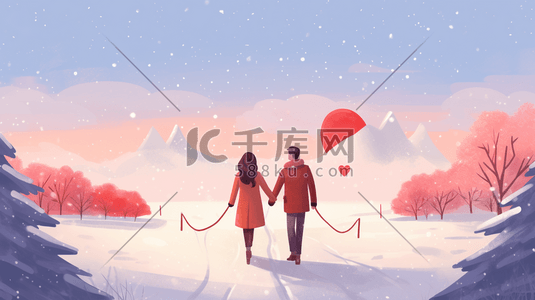 牵手的爱心插画图片_冬季浪漫男女一起牵手的插画9