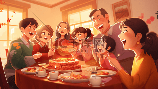 手绘幸福一家人插画图片_手绘中国一家人聚会团圆饭插画21