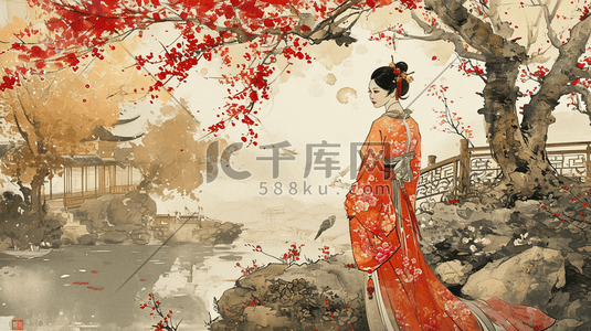 中国风古风红色插画图片_中国风古典艺术美女插画15