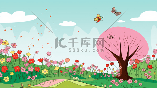 鸟语花香树木插画图片_彩色春天鸟语花香的插画11