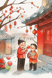 年画海报插画图片_新年庭院外拜年手绘海报插画