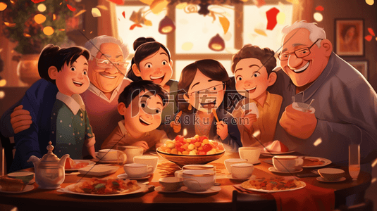 手绘中国一家人聚会团圆饭插画4