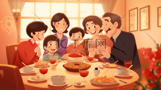 手绘中国一家人聚会团圆饭插画2