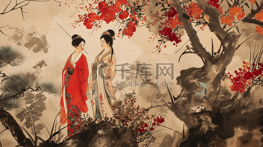 中国风古风红色插画图片_中国风古典艺术美女插画20