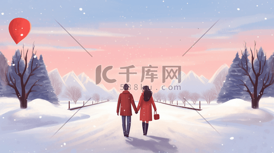 冬季浪漫男女一起牵手的插画17