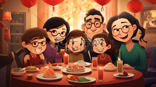 手绘中国一家人聚会团圆饭插画1